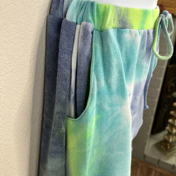 Blue Green Multicolor Tie Dye Summer Elastic Waist String Sweat Shorts Large NWT - Picture 6 of 12